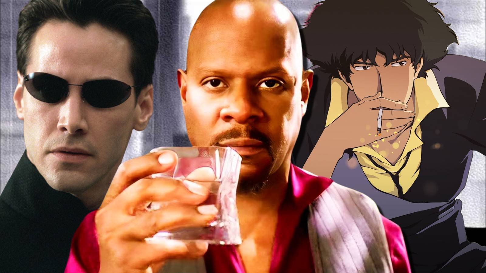 Cowboy Bebop's Spike smoking, Star Trek's Sisco holding a glass, and Matrix's Neo looking