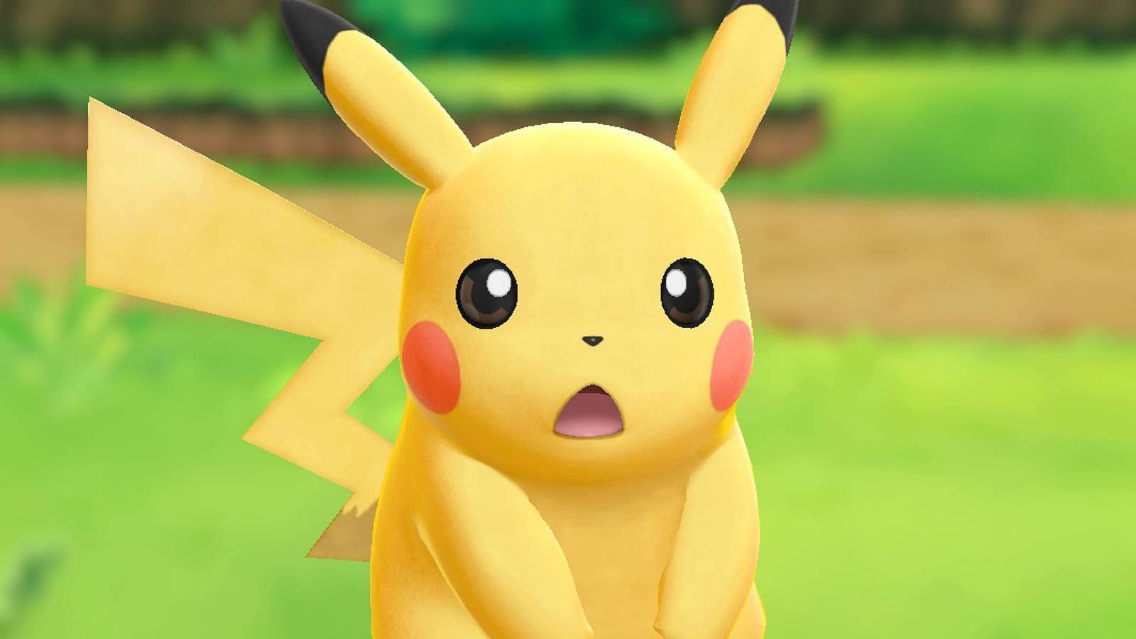 Pikachu looking worried in Pokemon Let's Go Pikachu.