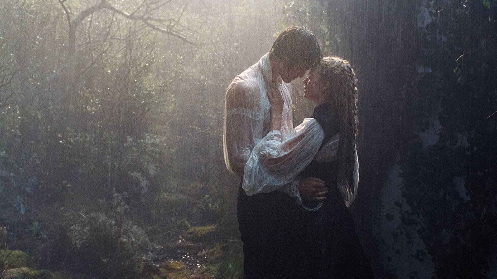Jacob Elordie and Margot Robbie embrace in Wuthering Heights