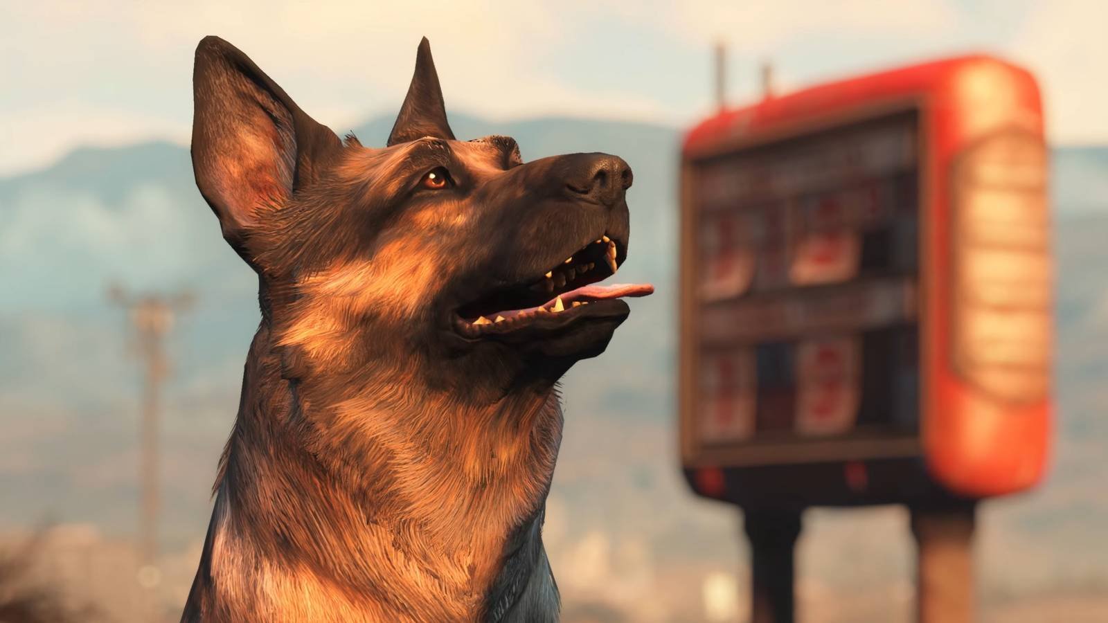 Dogmeat looking happy in Fallout 4 Anniversary Edition.
