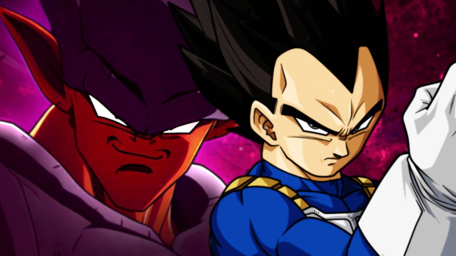 Dragon Ball Z's Vegeta shows his fist and Janemba smiles