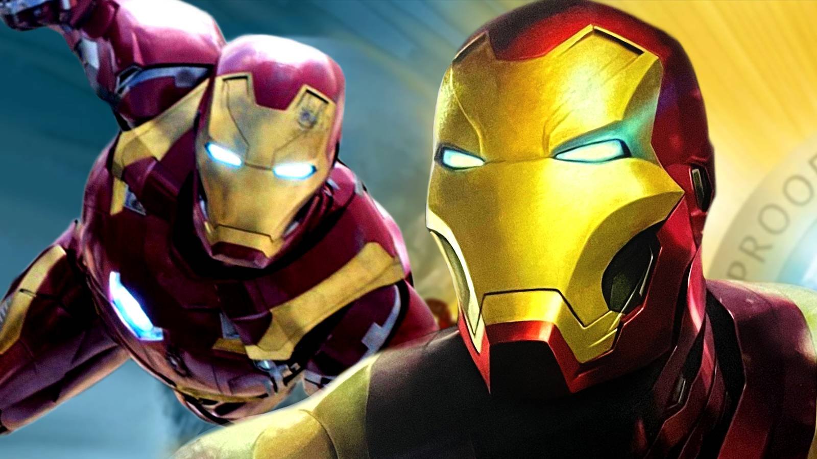 Iron Man's MCU Civil War and Homecoming suits of armor fly together on a blue and yellow backgrou...