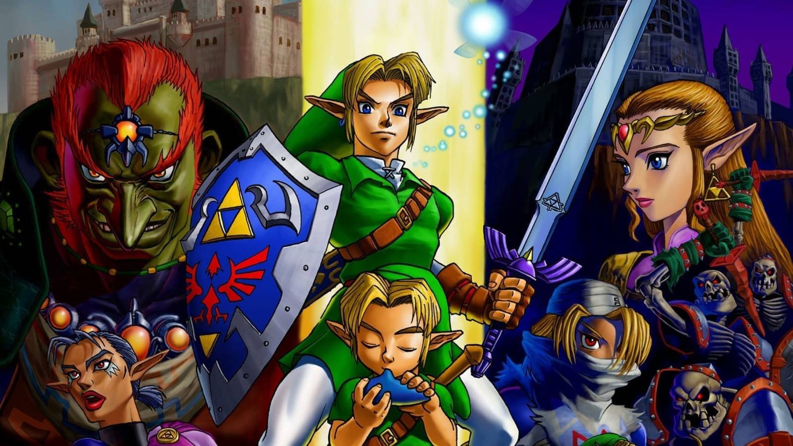 Key art for the Legend of Zelda: Ocarina of Time. A young Link plays his ocarina while an adult L...