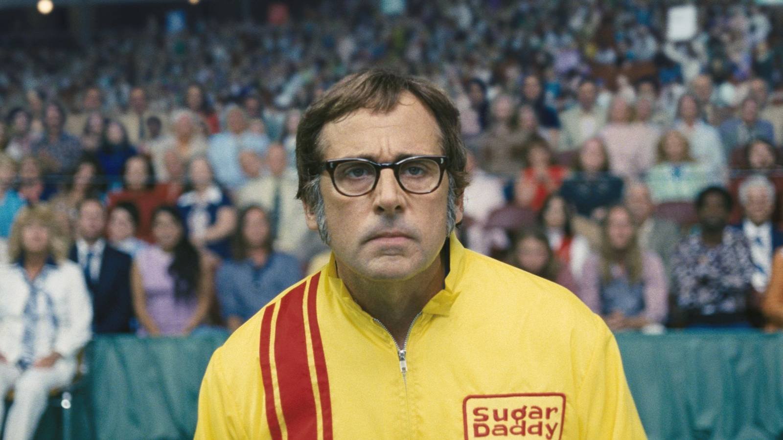 Bobby Riggs (Steve Carell) playing tennis in Battle of the Sexes.