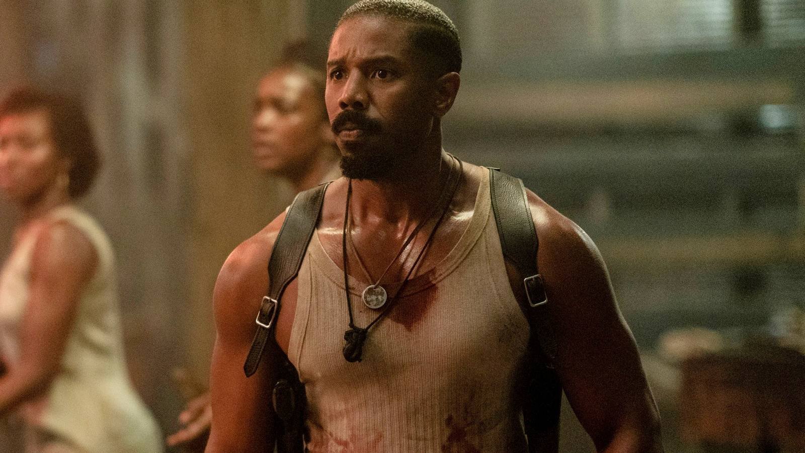 Michael B Jordan looking scared in Sinners