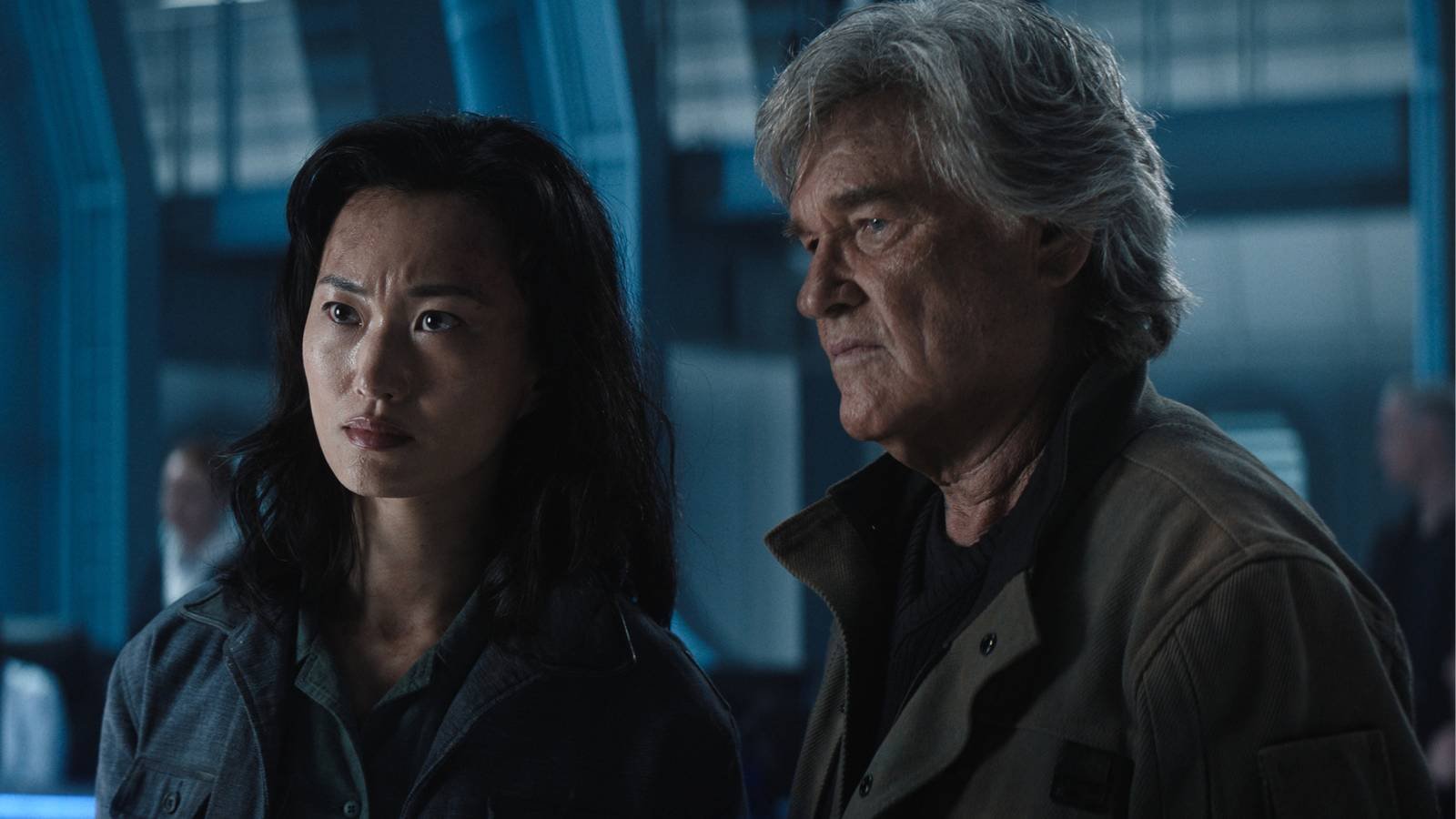 Mari Yamamoto as Keiko Miura and Kurt Russell as Lee Shaw looking serious in Monarch: Legacy of M...