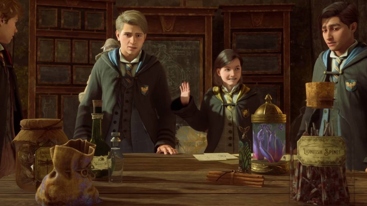 A group of students looking at jars on a table in Hogwarts Legacy.