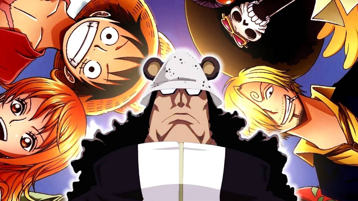Kuma and the Straw Hats Luffy, Nami, Sanji and Brook from One Piece.