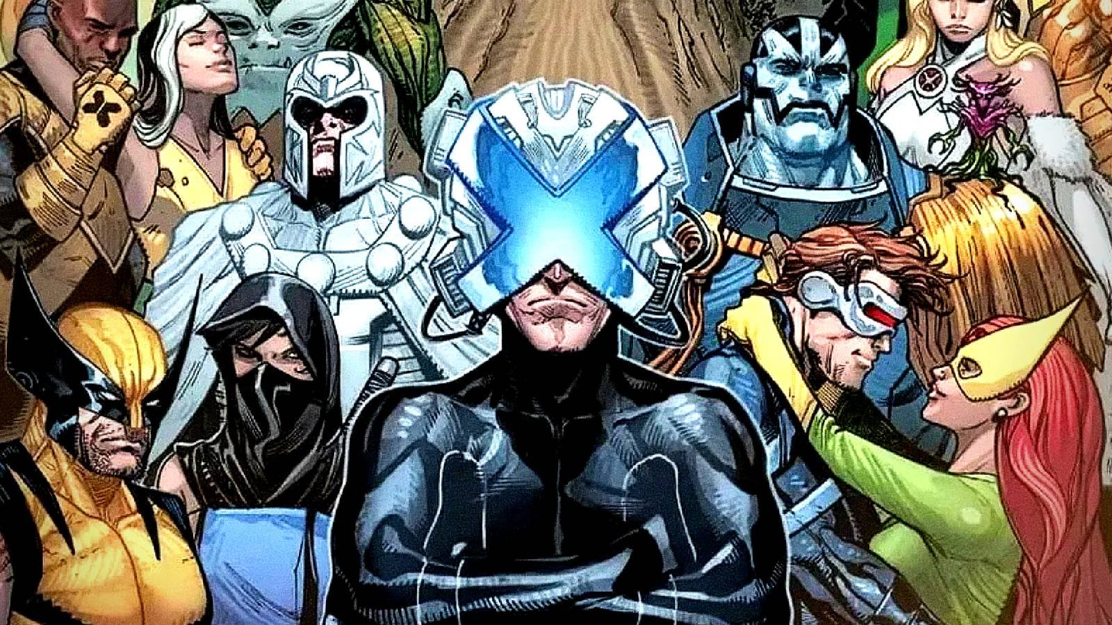 Professor Charles Xavier crosses his arms in front of the X-Men, their villains, and Krakoa in Ho...