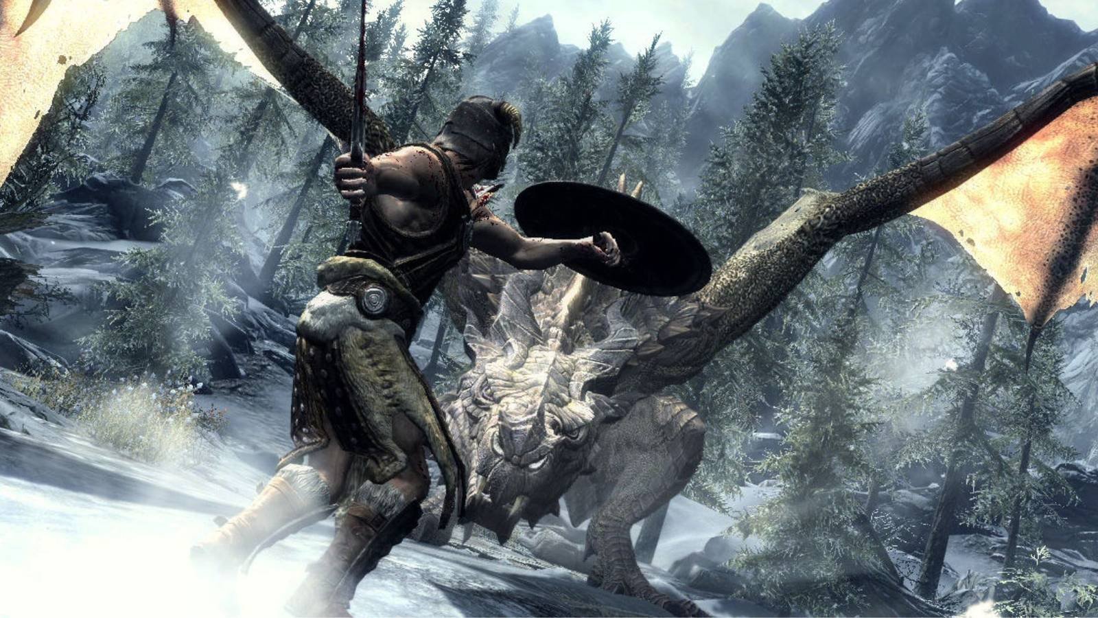 A player fights a dragon in Skyrim