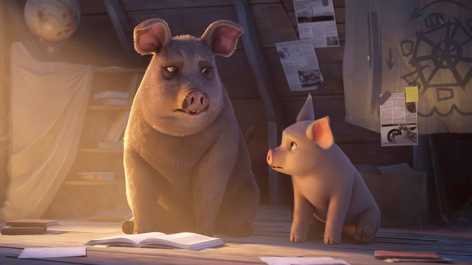 Squealor and Lucky looking nervously at each other in Animal Farm