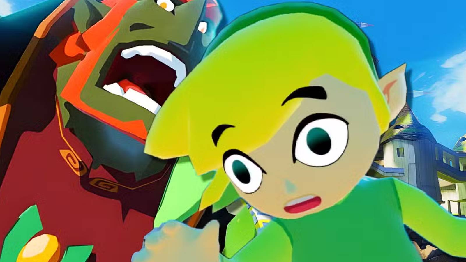 Toon Link with Ganondorf behind him in Legend of Zelda The Wind Waker