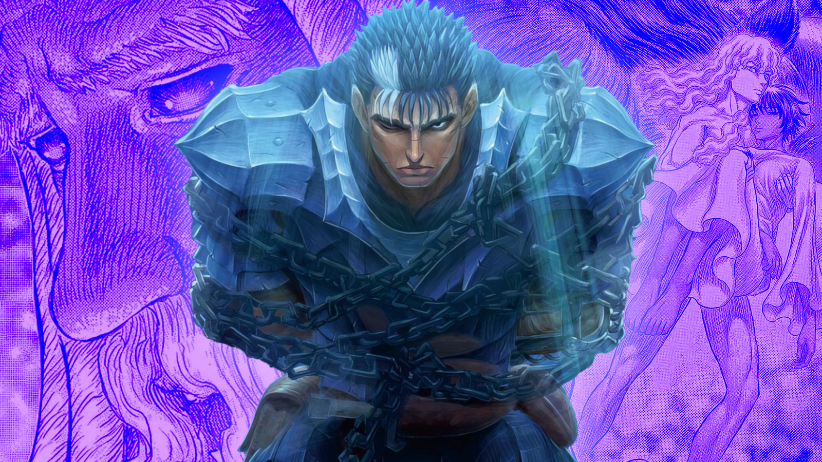 Guts in Chains with Daiba outside the Stupa, and Griffith with Casca in Berserk