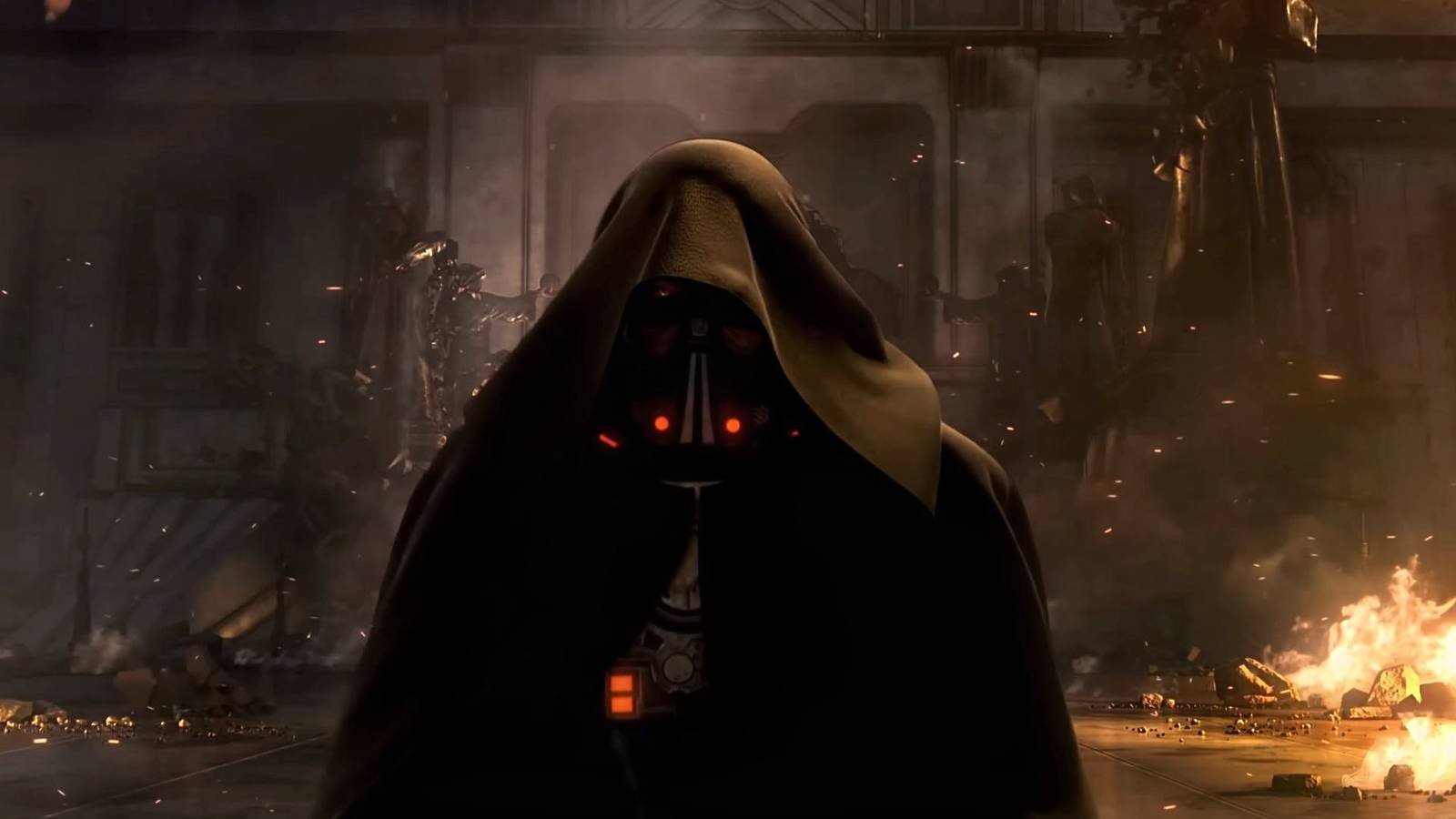 A closeup of Darth Revan's mask illuminated by a red lightsaber from the Star Wars Knights of the...