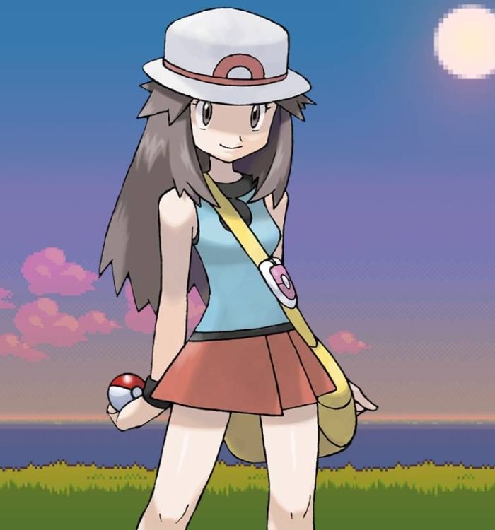 Leaf stands in front of a pixel art-based sunset from Pokemon Fire Red and Leaf Green