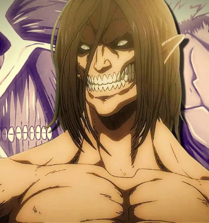 Attack on Titan's Attack Titan staring ahead with the Colossus Titan and the Armored Titan next t...