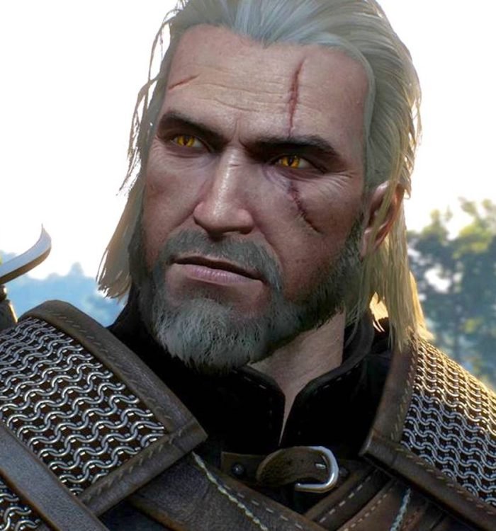 Geralt of Rivia in full armor with a sword on his back in The Witcher 3 Game