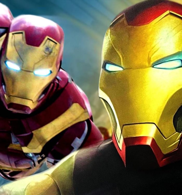 Iron Man's MCU Civil War and Homecoming suits of armor fly together on a blue and yellow backgrou...