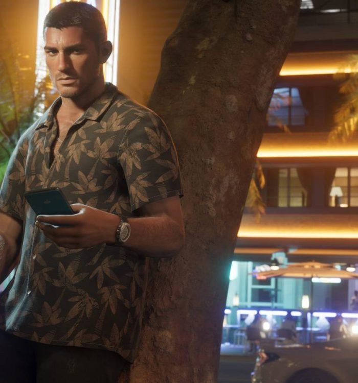 Jason uses his phone by a tree in GTA VI