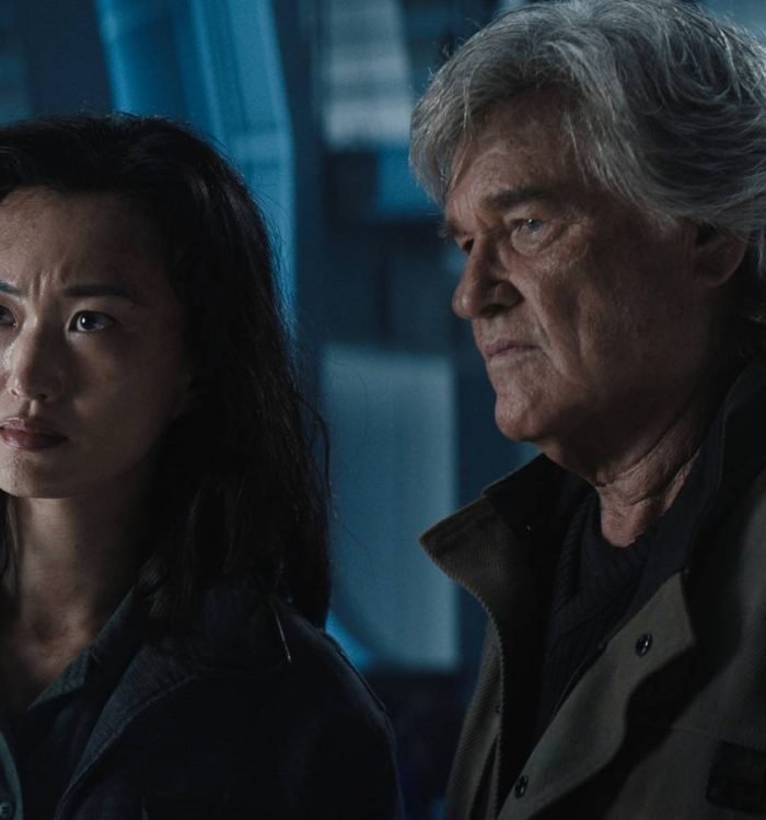 Mari Yamamoto as Keiko Miura and Kurt Russell as Lee Shaw looking serious in Monarch: Legacy of M...