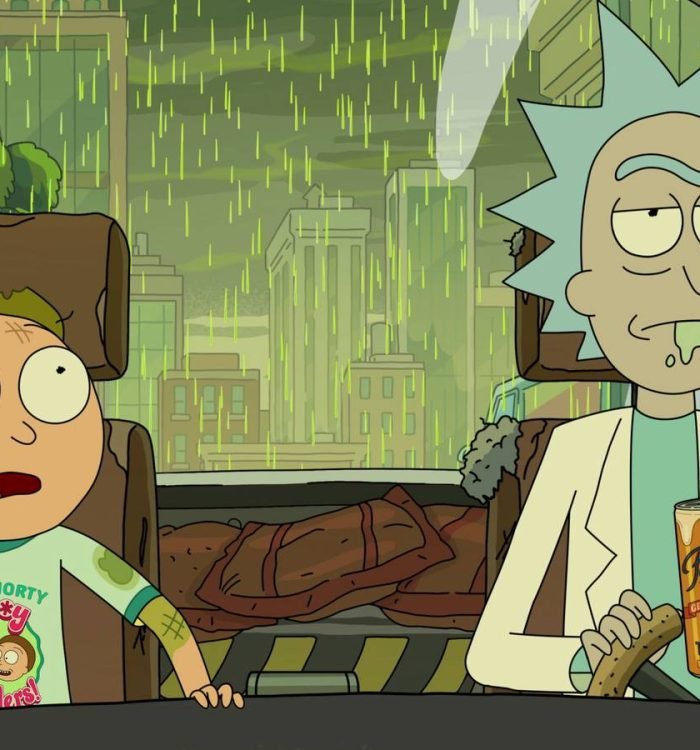 Rick holding a drink and Morty looking up inside a vehicle as it rains behind them in Rick and Morty