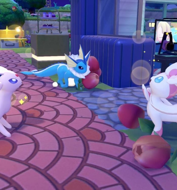 Three Eevee evolutions talking to each other in Pokémon Pokopia